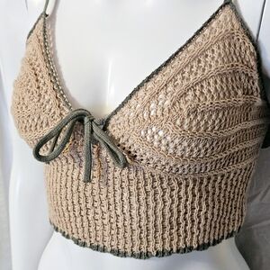 Love Knits NYC Crocheted Cropped Top - Beige & Green - Festival Boho -Size Small